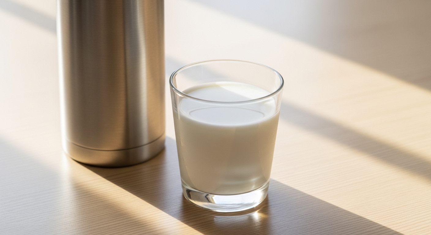 Ly sữa tươi trắng đặt cạnh bình giữ nhiệt bạc trên bàn gỗ dưới nắng dịu. Bình giữ nhiệt hữu ích nhưng lưu ý nước không nên đựng trong bình giữ nhiệt để tránh ảnh hưởng chất lượng thức uống.