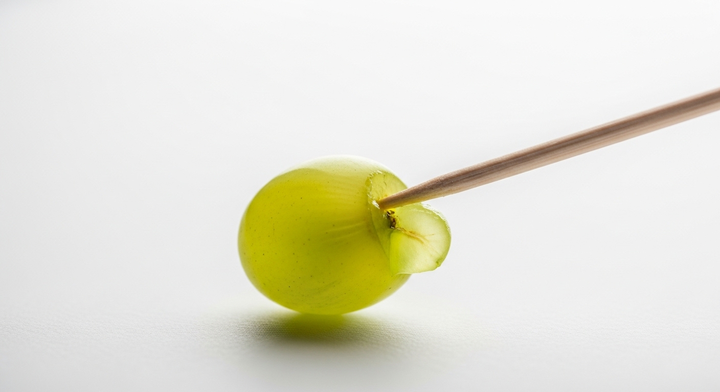 Hình ảnh cận cảnh bóc vỏ nho bằng tăm, vỏ xanh tách nhẹ nhàng khỏi thịt quả mọng nước.