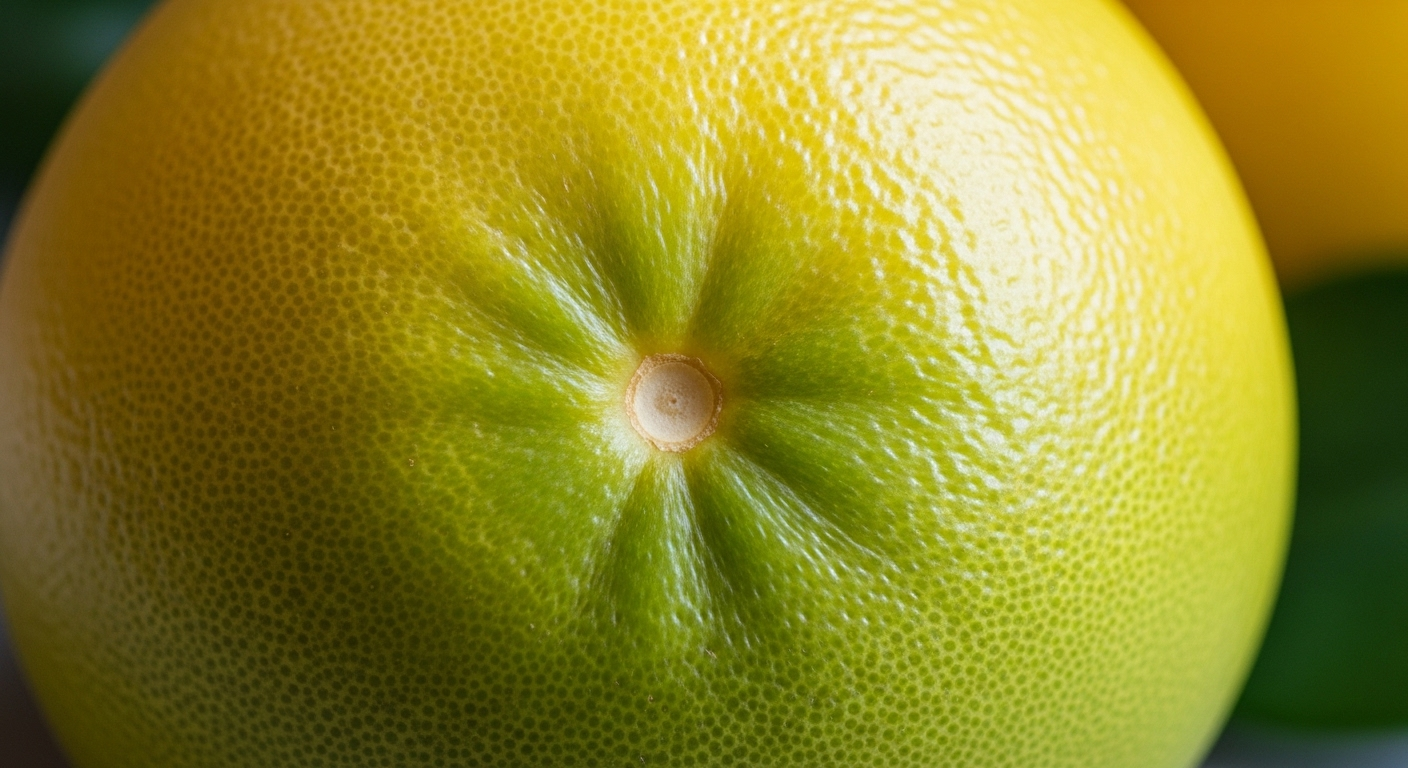 Cận cảnh đáy quả bưởi vàng xanh với rốn lõm tròn rõ nét, minh họa cách chọn bưởi ngọt tươi ngon.