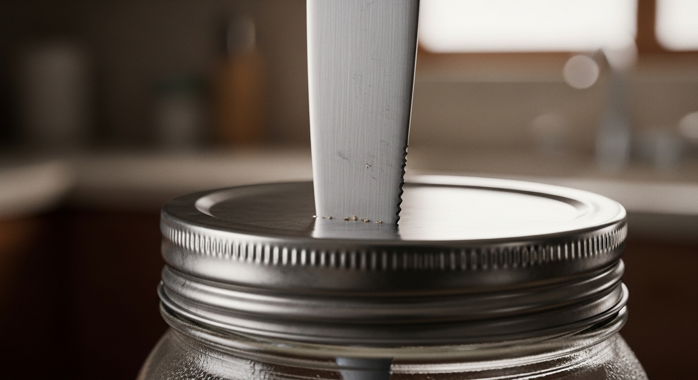 Cận cảnh lưỡi dao bạc xỉn màu luồn vào khe hẹp giữa nắp kim loại và miệng lọ thủy tinh, minh họa mẹo mở lọ hiệu quả trong bếp.