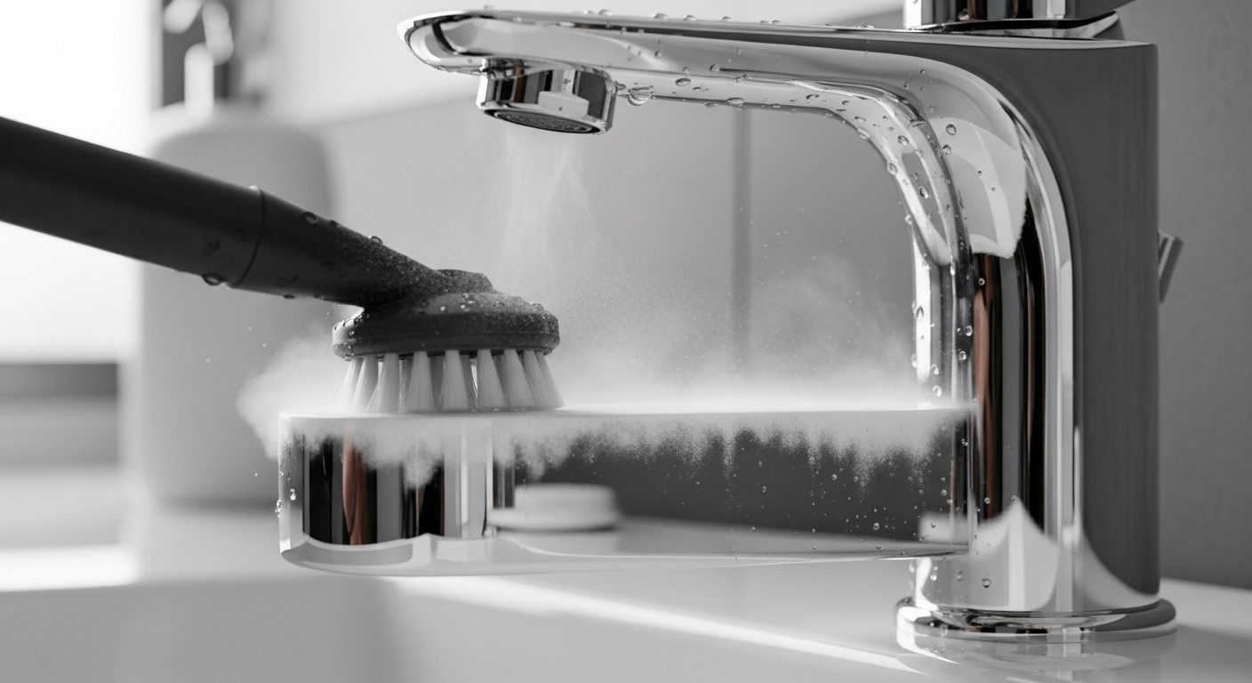 Máy vệ sinh bằng hơi nước nóng loại bỏ cặn vôi hiệu quả trên vòi nước mạ chrome, mang lại vẻ sáng bóng cho phòng tắm hiện đại.