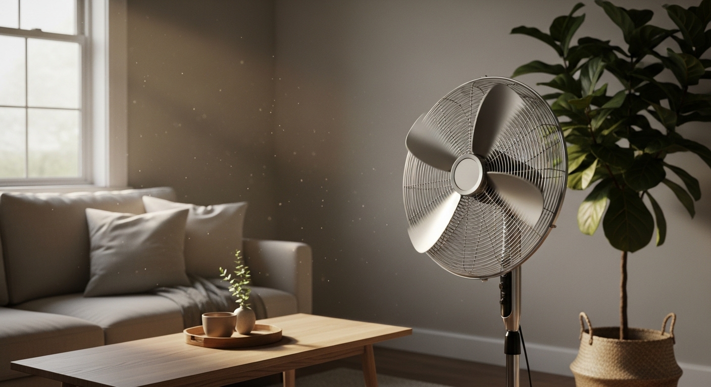 Quạt đứng 4 cánh hiện đại trong phòng khách nhỏ ấm cúng đón ánh sáng tự nhiên, gợi ý cho bạn khi cân nhắc nên mua quạt bao nhiêu cánh.