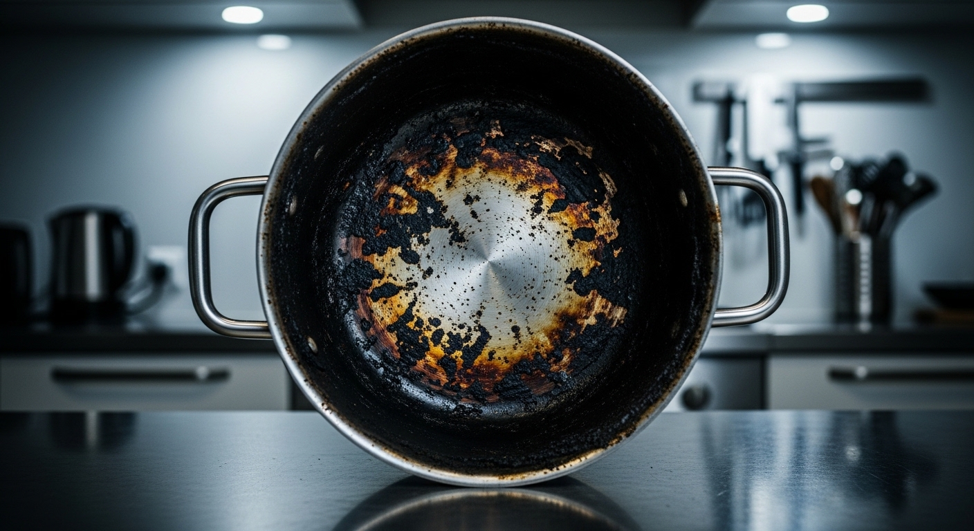 Nồi inox bị cháy đen nghiêm trọng, cặn bám cứng đầu cần tẩy trắng. Phương pháp tẩy trắng xoong nồi bằng mẻ là giải pháp hiệu quả cho vết bẩn này.