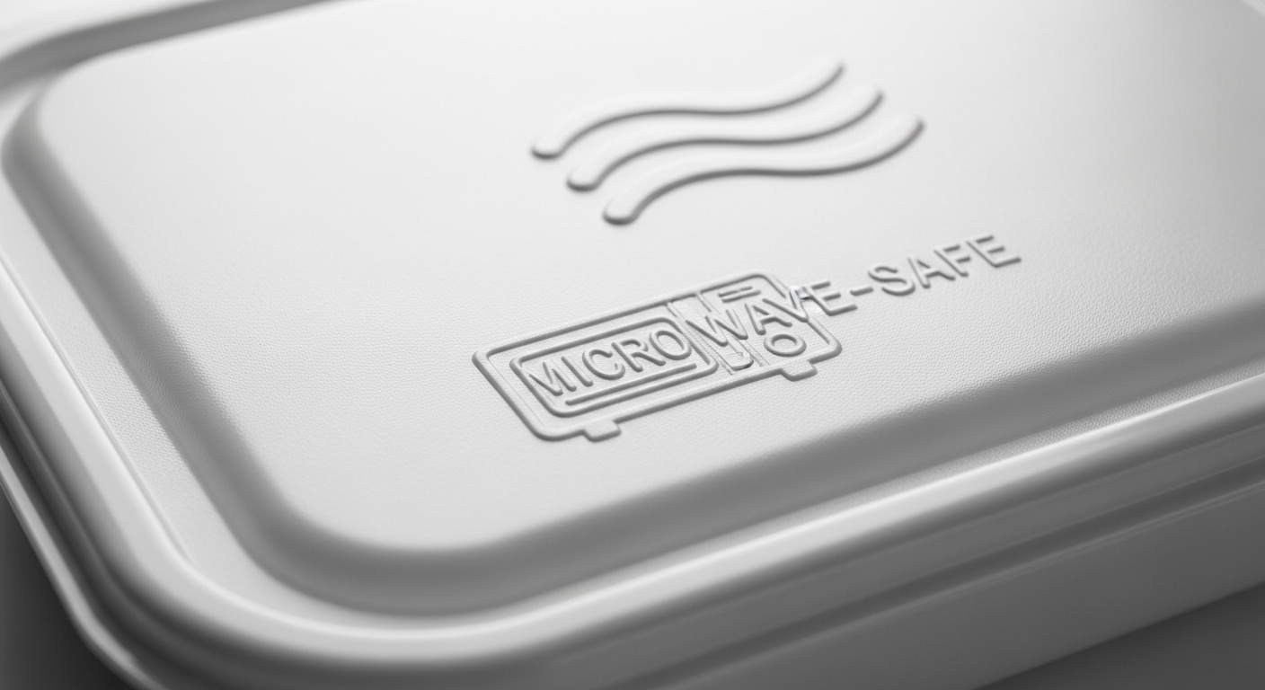 Đáy hộp đồ nhựa an toàn thực phẩm màu trắng, có biểu tượng dùng được trong lò vi sóng.