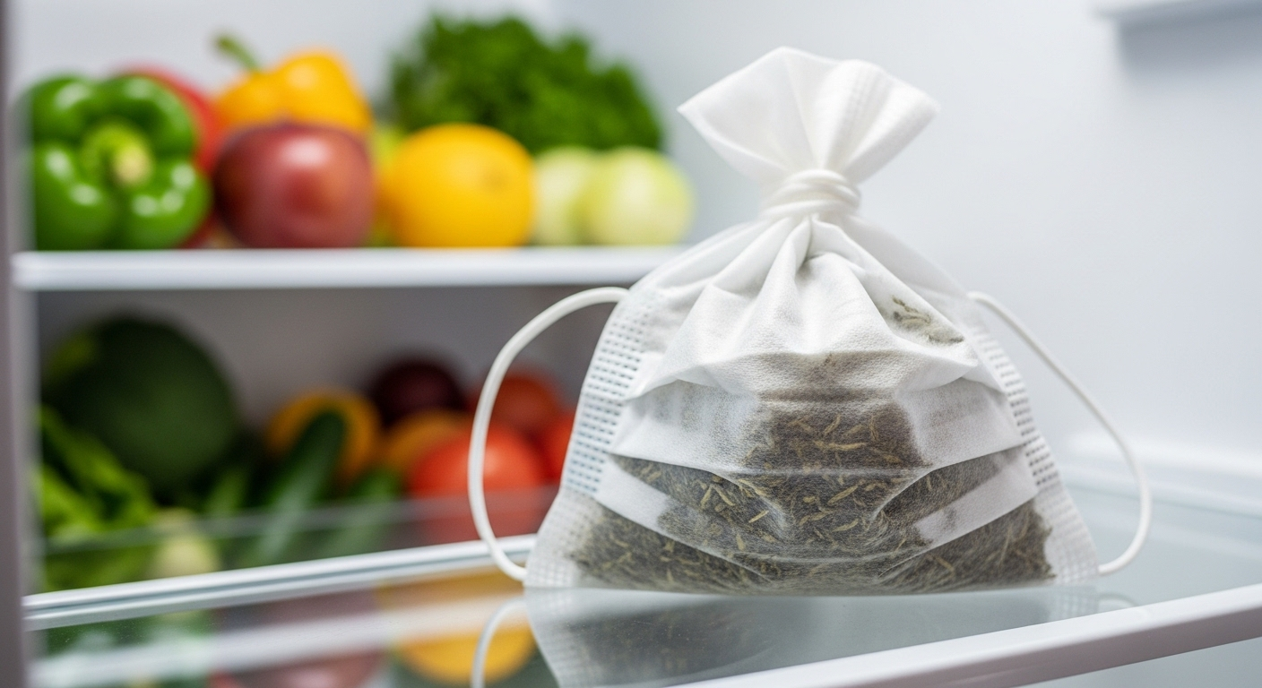 Khẩu trang y tế chứa trà xanh làm túi thơm tự chế đặt trên kệ kính trong tủ lạnh mở, minh họa một trong những tác dụng của việc đặt khẩu trang vào tủ lạnh.