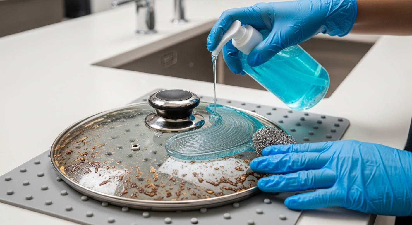 Tay đeo găng dùng bàn chải và xà phòng làm sạch vung nồi thủy tinh bám bẩn trên quầy bếp hiện đại.