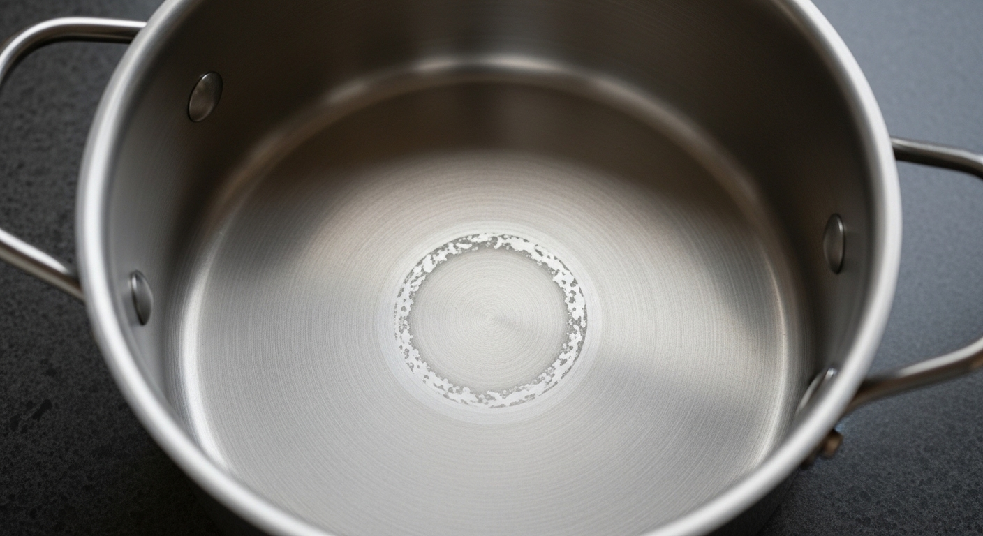 Đáy nồi inox rỗng với vết cặn khoáng trắng mờ, cho thấy hậu quả của những sai lầm làm hỏng nồi inox.