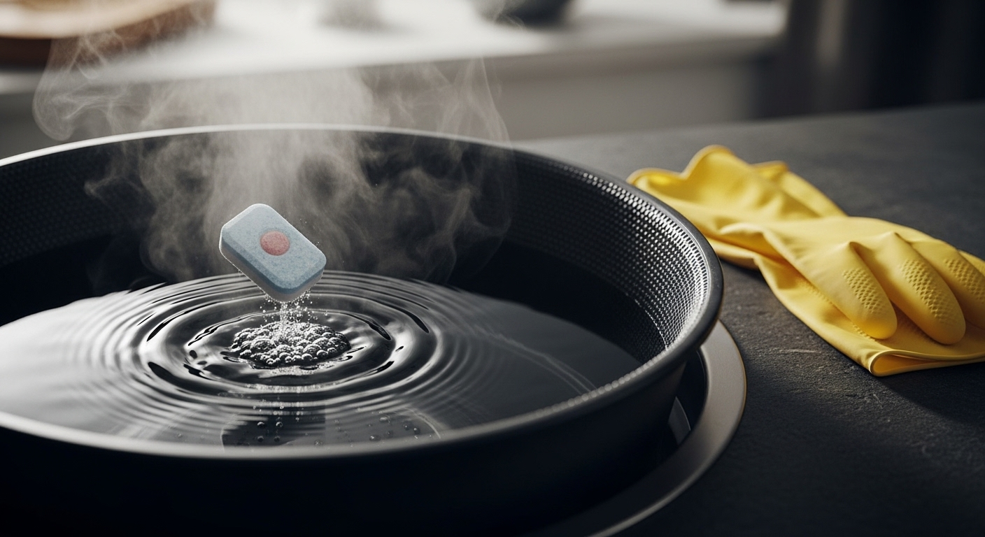 Viên rửa bát đang hòa tan trong chậu nước nóng bốc hơi, minh họa cách làm sạch nồi inox hiệu quả cho các vết bẩn cứng đầu.