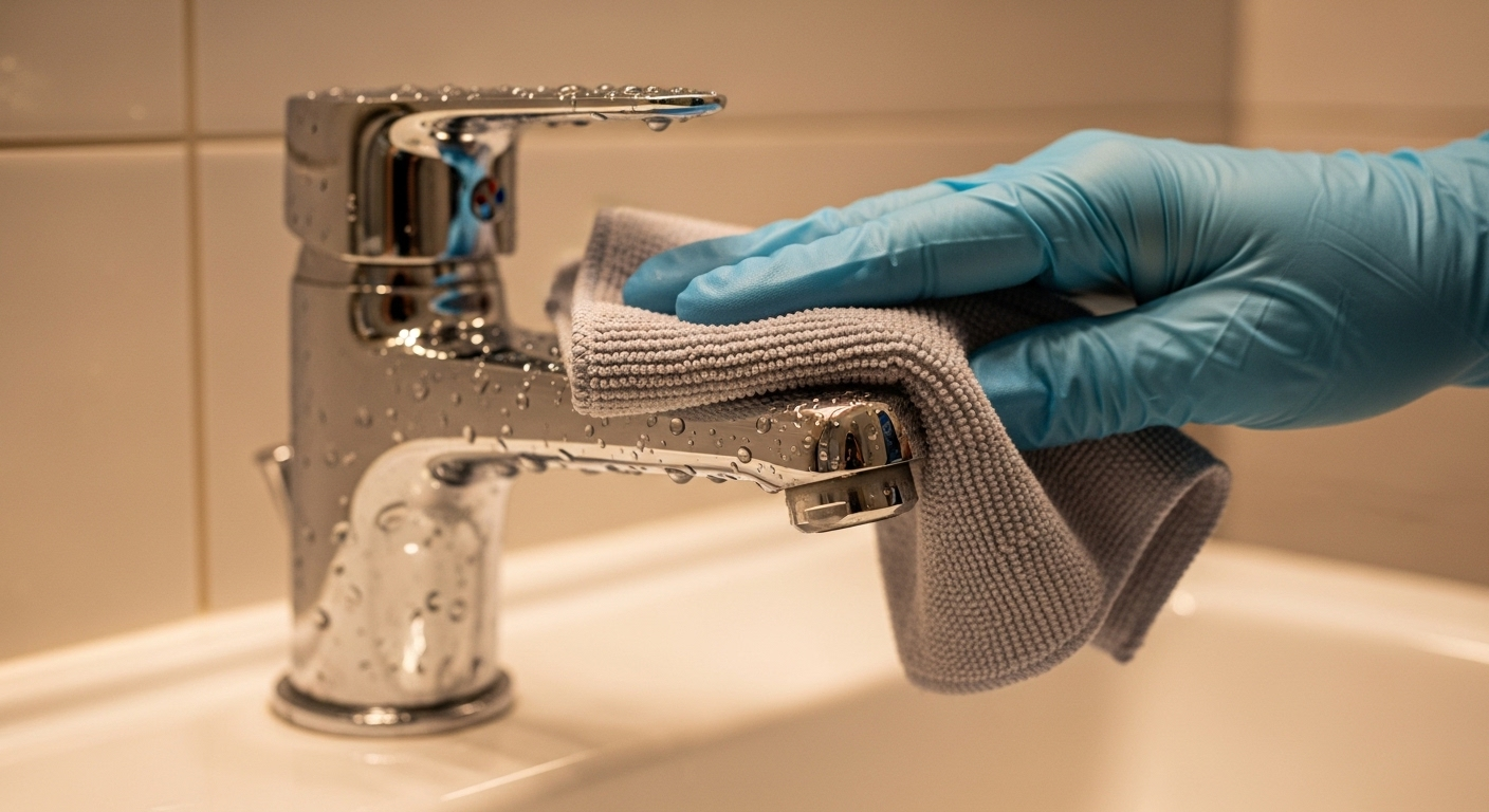 Cận cảnh bàn tay đeo găng tỉ mỉ dùng khăn mềm lau sạch vòi nước chrome sáng bóng trong bồn rửa, minh họa quy trình vệ sinh nhà tắm chuyên nghiệp.