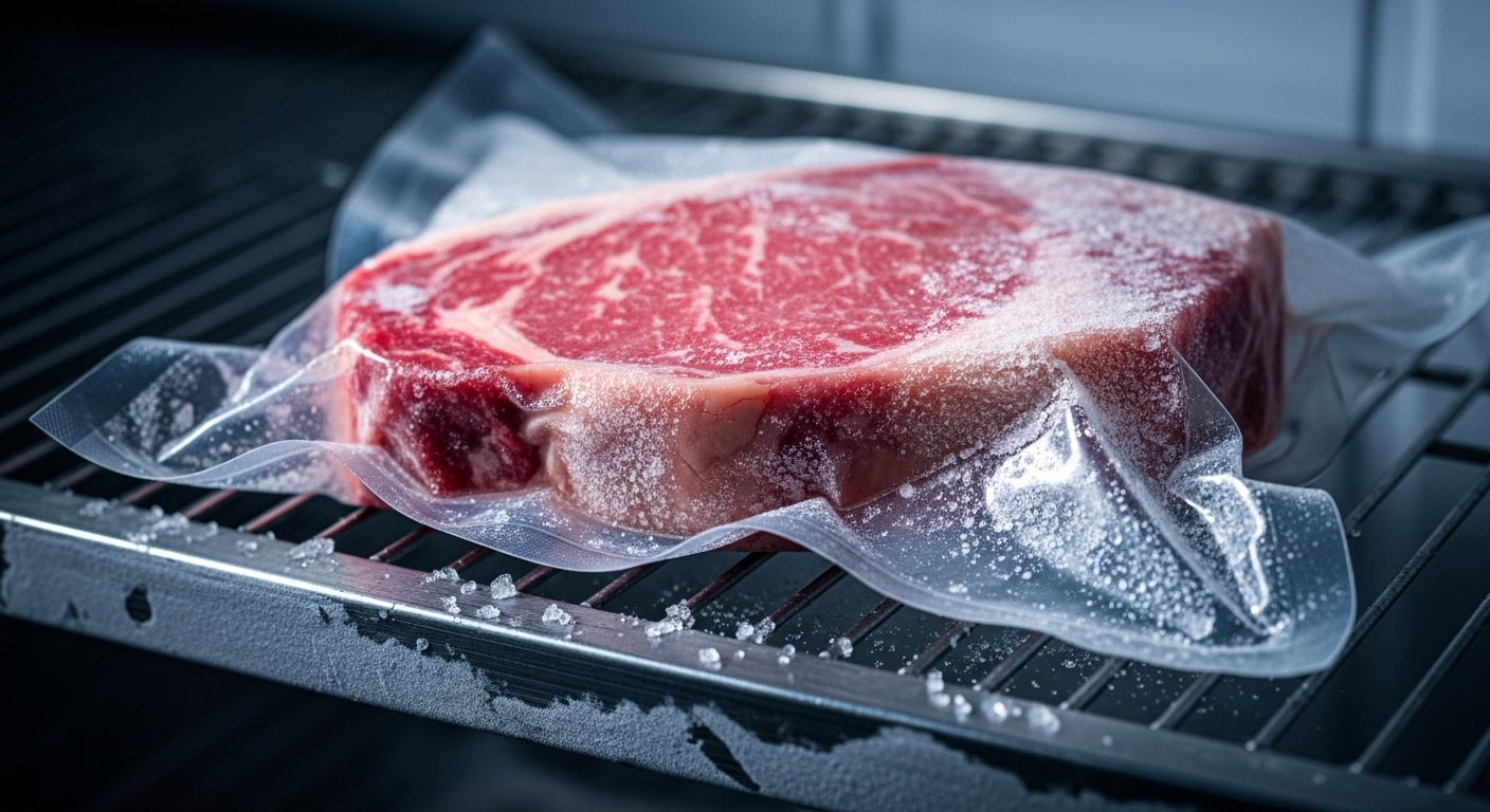 Ảnh cận cảnh miếng thịt bò sống hút chân không trong túi đông lạnh, đặt trên kệ kim loại. Thịt giữ nguyên màu sắc tươi ngon, minh chứng cho phương pháp bảo quản thực phẩm bằng hút chân không hiệu quả.