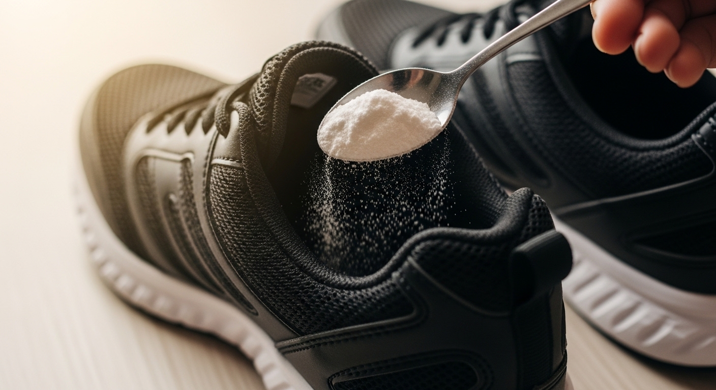 Cận cảnh thìa nhỏ rắc bột baking soda trắng vào lòng giày thể thao tối màu, minh họa cách khử mùi hôi giày đơn giản và hiệu quả.