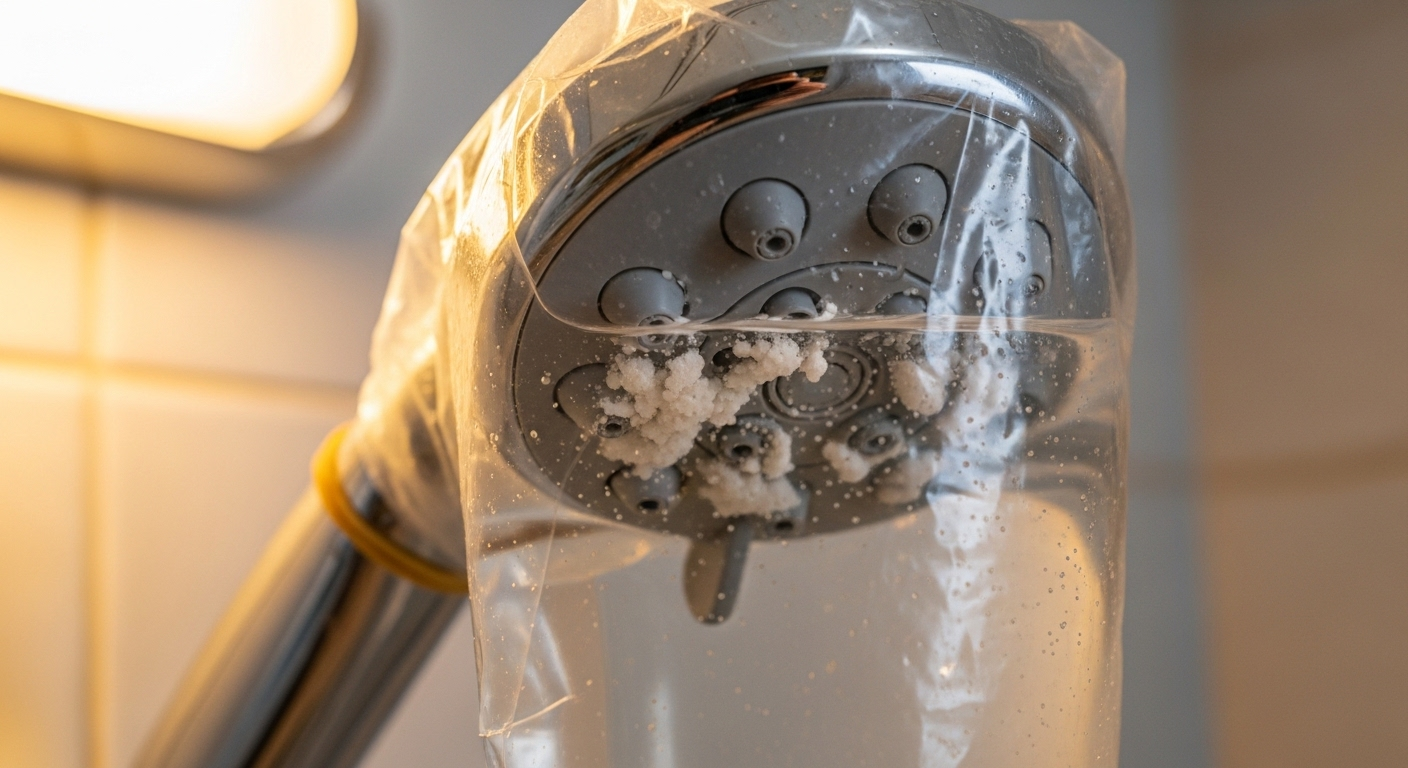 Vòi sen chrome bám cặn khoáng đang ngâm trong túi nhựa để làm sạch, ví dụ về các mẹo làm sạch đồ nội thất và thiết bị gia đình hiệu quả.