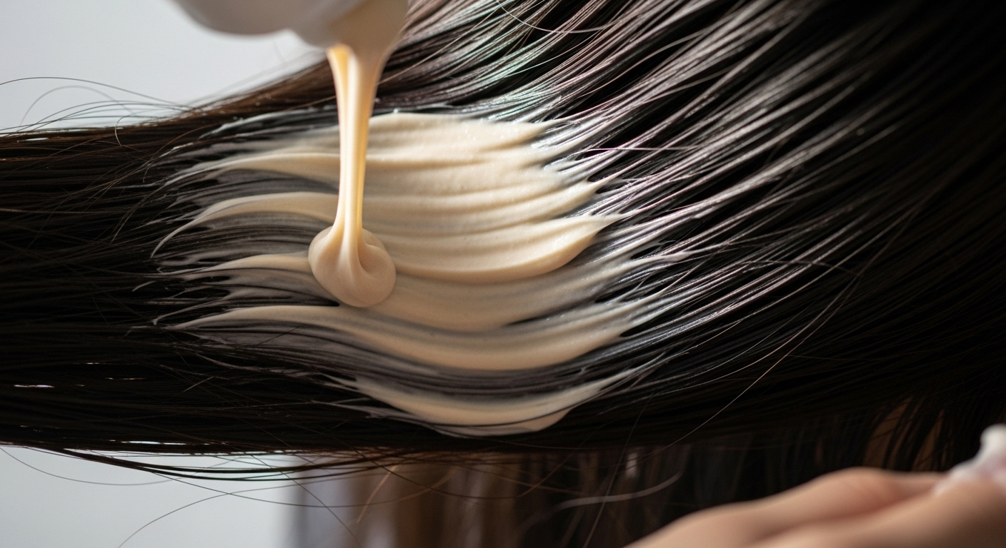 Để chăm sóc tóc mùa đông hiệu quả, kem dưỡng tóc đặc sánh, mềm mịn đang được thoa lên mái tóc đen suôn mượt, làm nổi bật kết cấu sản phẩm bám đều sợi tóc.