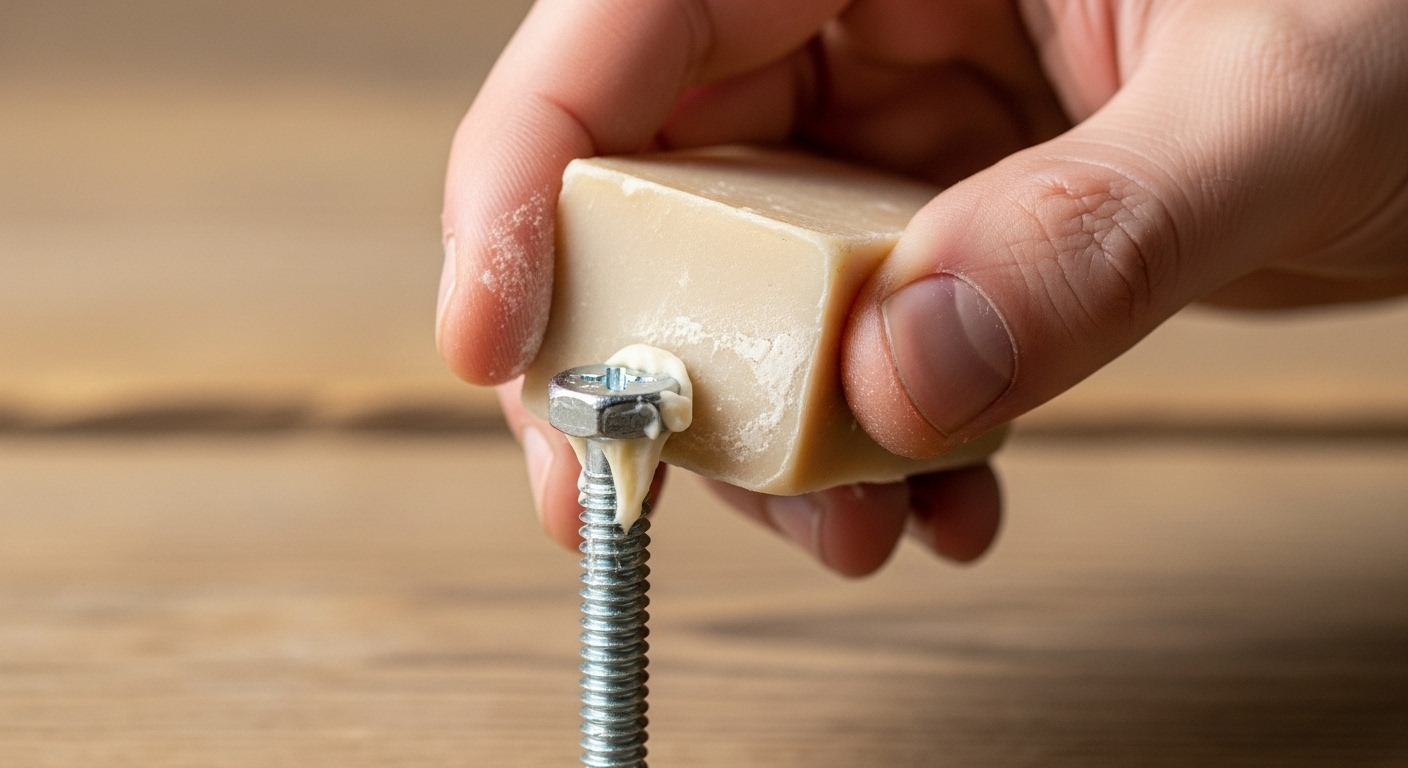 Cận cảnh bàn tay dùng xà phòng khô bôi lên ren ốc vít kim loại trước khi lắp đặt vào gỗ, minh họa một trong các công dụng của xà phòng giúp việc vặn ốc trơn tru hơn.