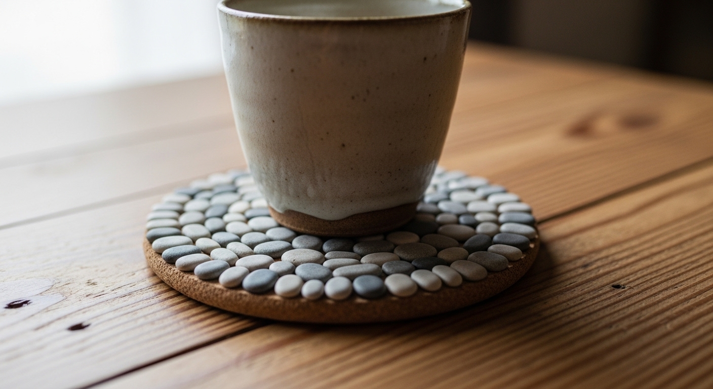 Đế lót ly thủ công từ đá cuội xám be, minh họa ý tưởng sáng tạo với đá cuội, đặt trên bàn gỗ mộc cùng tách trà.