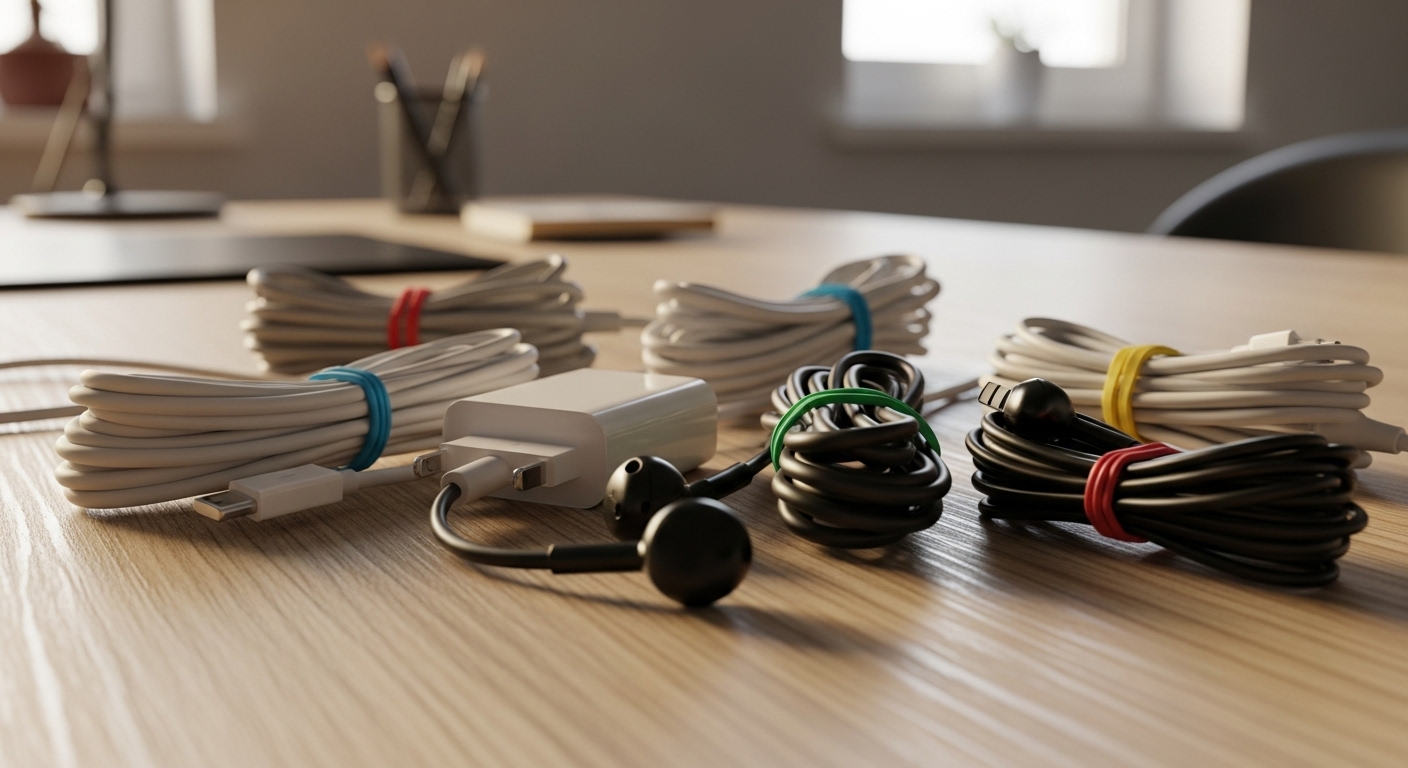 Dây sạc điện thoại và tai nghe cuộn gọn gàng, cố định bằng dây nịt chun nhiều màu trên bàn gỗ sáng. Hình ảnh minh họa mẹo sử dụng dây nịt chun để sắp xếp cáp gọn gàng.