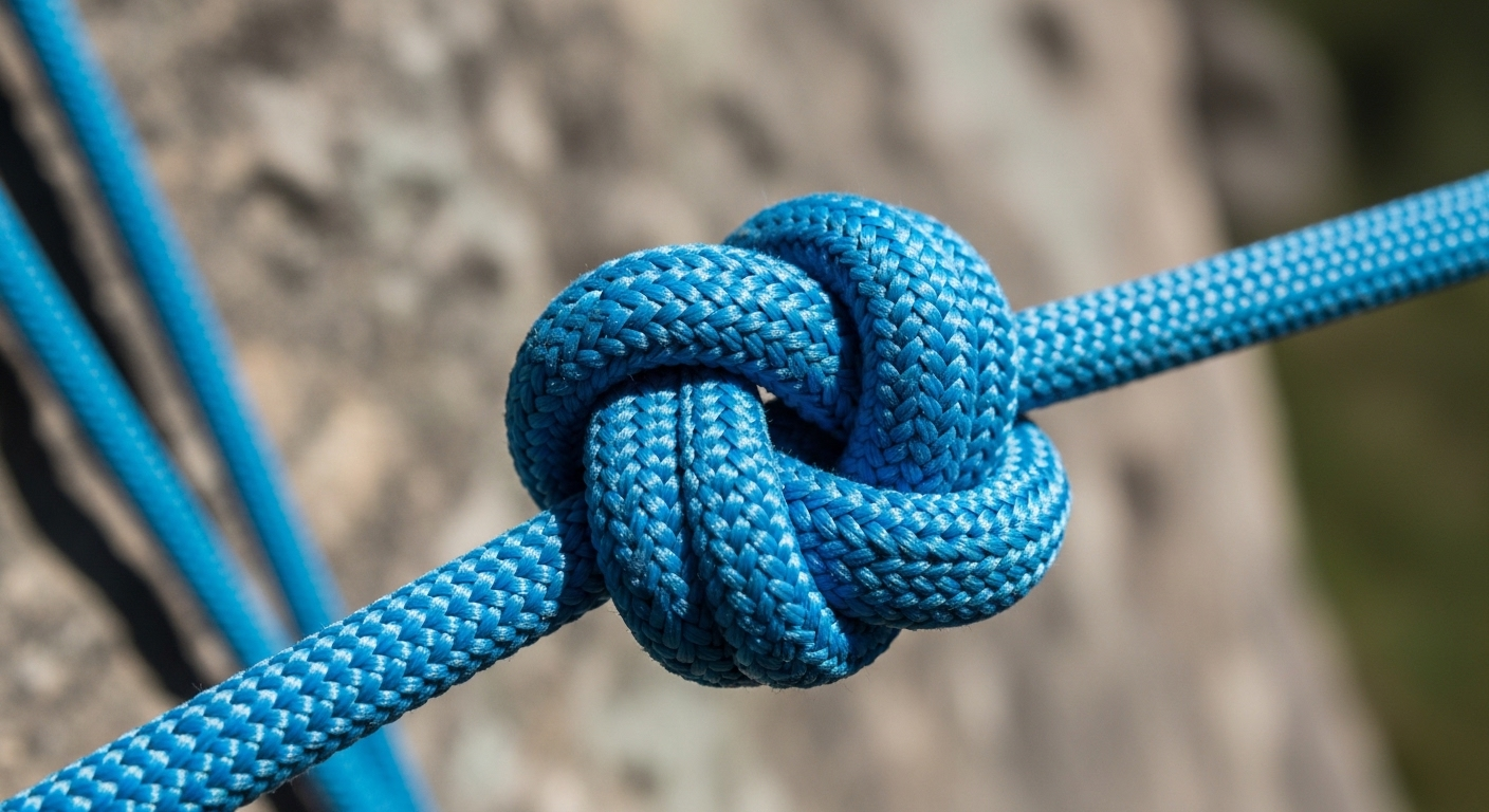 Cận cảnh nút số 8 hoàn hảo trên dây leo núi xanh, một kiểu nối dây bền chắc với sợi đan rõ ràng.