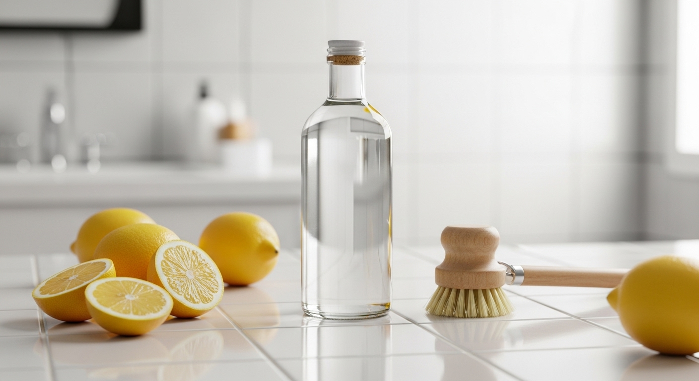 Chai giấm trắng, chanh vàng tươi và bàn chải cọ sạch sẽ trên nền gạch sáng màu, minh họa các nguyên liệu tự nhiên cho cách tẩy trắng gạch nhà vệ sinh hiệu quả.