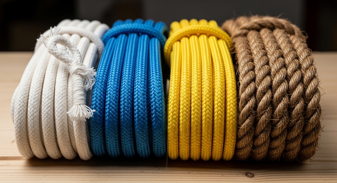 Cận cảnh các loại dây thừng đa dạng (cotton, nylon, polypropylene, sisal) với màu sắc và kết cấu rõ nét trên bàn gỗ. Phù hợp để tìm hiểu về vật liệu dây và cách thắt nút dây.