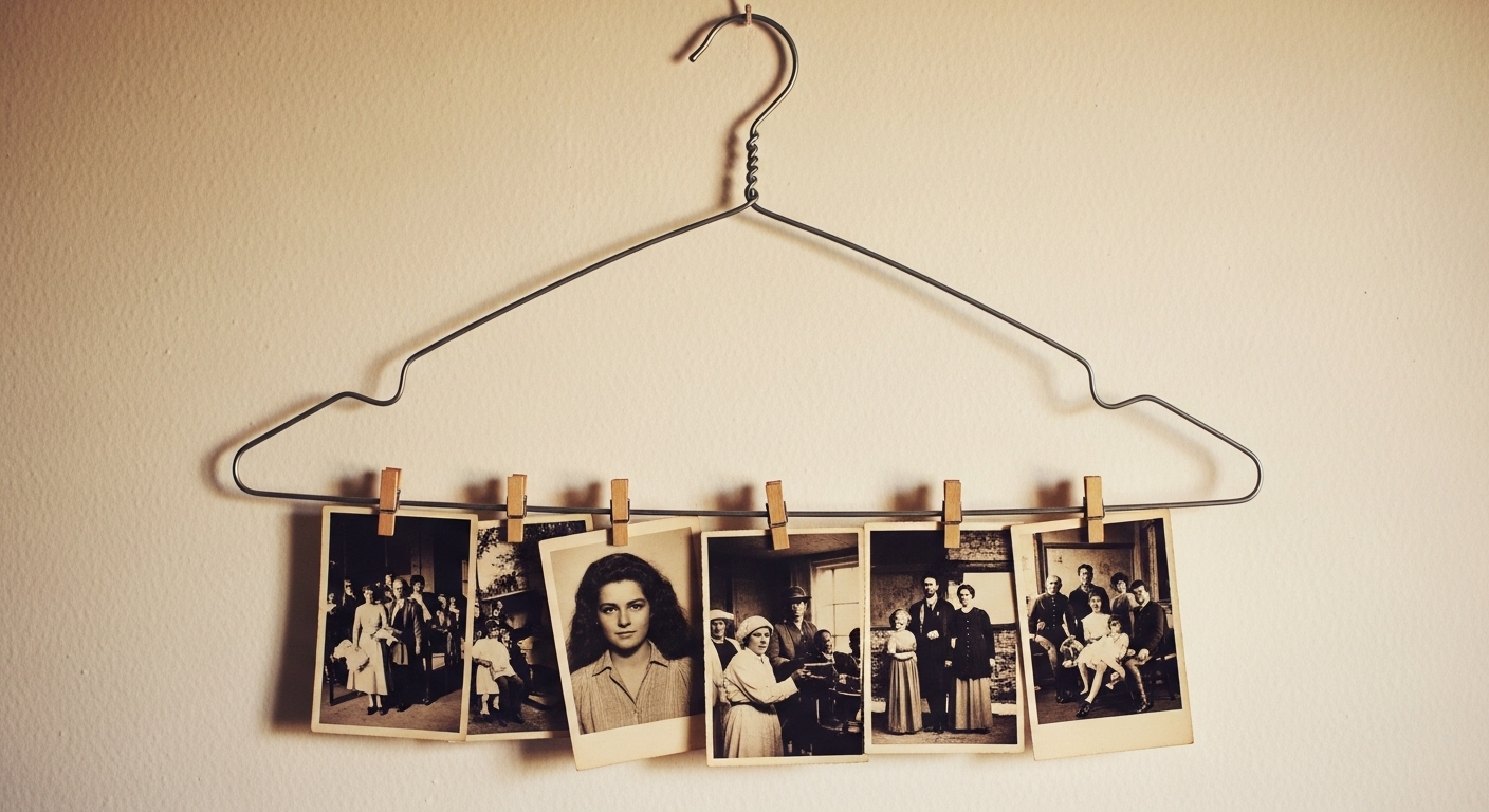 Khung ảnh thủ công từ móc áo kim loại uốn cong, dùng kẹp gỗ treo ảnh đen trắng vintage. Một cách sử dụng móc áo sáng tạo để trang trí tường nghệ thuật.