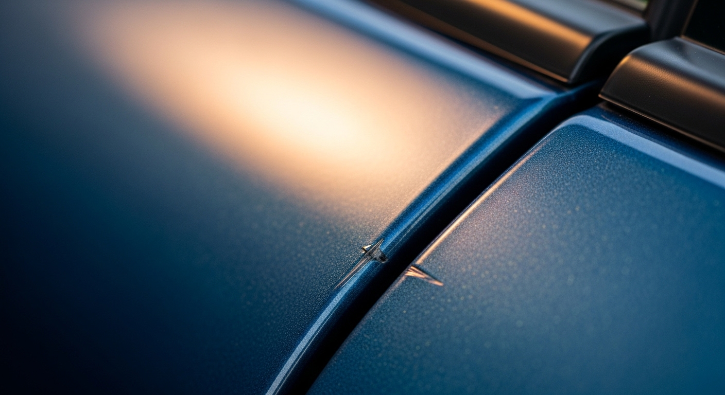 Ảnh macro cận cảnh vết xước nhỏ trên cửa ô tô màu xanh kim loại đậm. Đây là một ví dụ về những điều cần tránh khi mượn xe ô tô để giữ xe luôn nguyên vẹn.