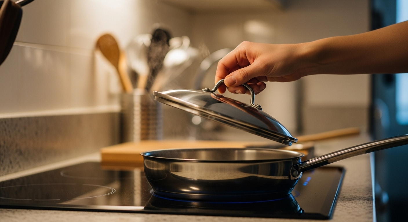 Cận cảnh bàn tay cẩn thận đậy nắp chảo kim loại trên bếp nấu trong nhà bếp hiện đại, minh họa mẹo an toàn trong đời sống khi nấu ăn. Cận cảnh bàn tay cẩn thận đậy nắp chảo kim loại trên bếp nấu trong nhà bếp hiện đại, minh họa mẹo an toàn trong đời sống khi nấu ăn.