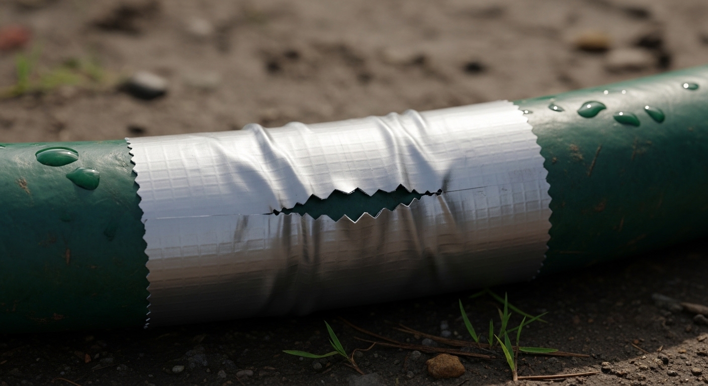 Băng dính bạc vá vết rách trên ống nước sân vườn màu xanh đậm, minh họa hiệu quả công dụng của băng dính trong sửa chữa tức thời.