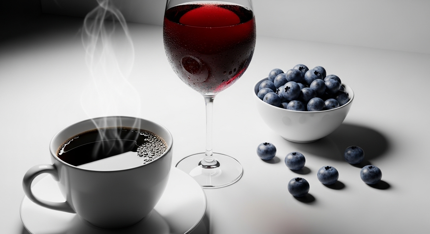 Ảnh chụp cận cảnh cốc cà phê đen, ly rượu vang đỏ và bát việt quất – những nguyên nhân răng ngả vàng phổ biến.