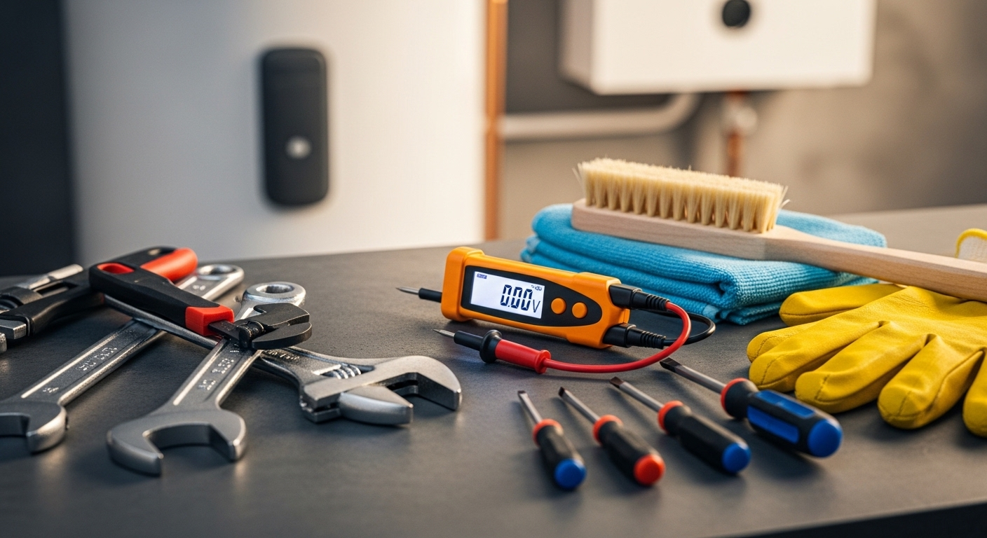 Dụng cụ chuyên nghiệp (cờ lê, chổi, khăn) được sắp xếp gọn gàng trên bàn làm việc sạch sẽ, sẵn sàng cho dịch vụ vệ sinh bình nóng lạnh. Bình nóng lạnh trắng mờ ở hậu cảnh.