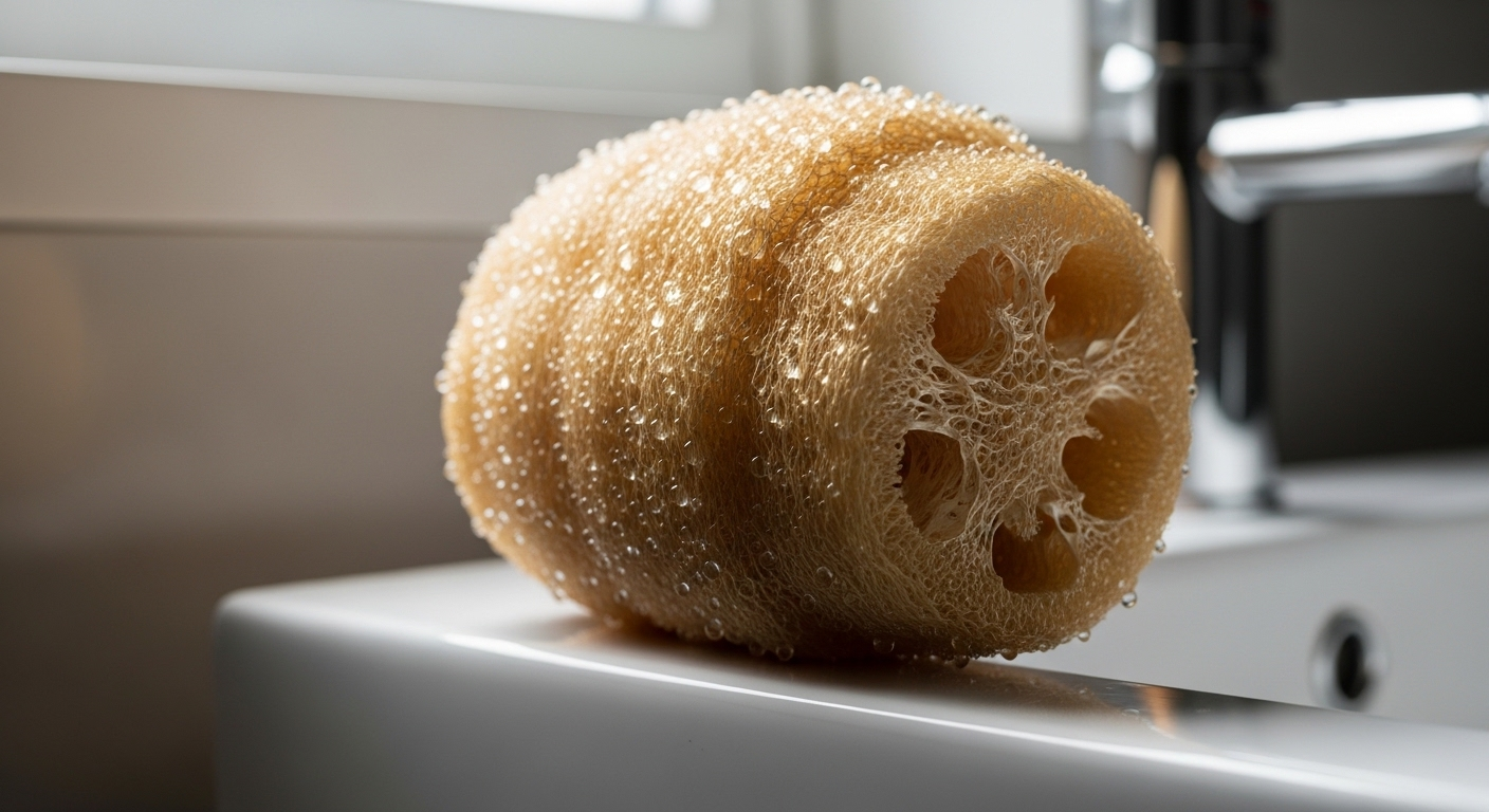 Xơ mướp tự nhiên ẩm ướt trên bồn rửa mặt trắng sạch, một vật dụng quen thuộc nhưng cần dùng đúng cách để tránh những sai lầm khi vệ sinh cơ thể.