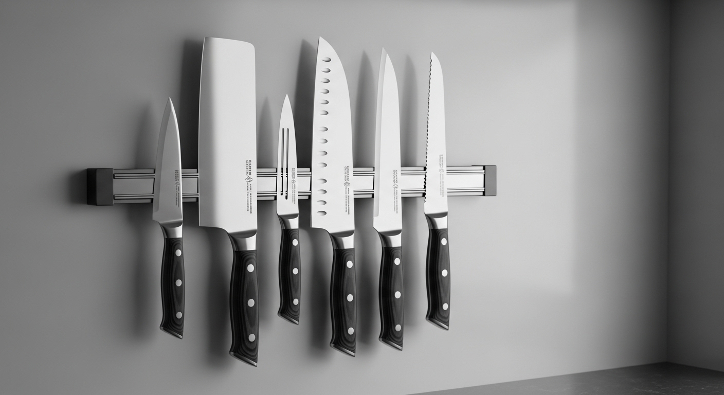 Bộ dao nhà bếp chuyên nghiệp gồm dao đầu bếp, dao gọt, dao thái lát và dao răng cưa cắt bánh mì, được sắp xếp gọn gàng trên thanh nam châm trong không gian bếp hiện đại. Sở hữu dao chất lượng là bước đầu để thực hiện kỹ thuật cầm dao và cắt thái an toàn khi làm bếp hiệu quả.