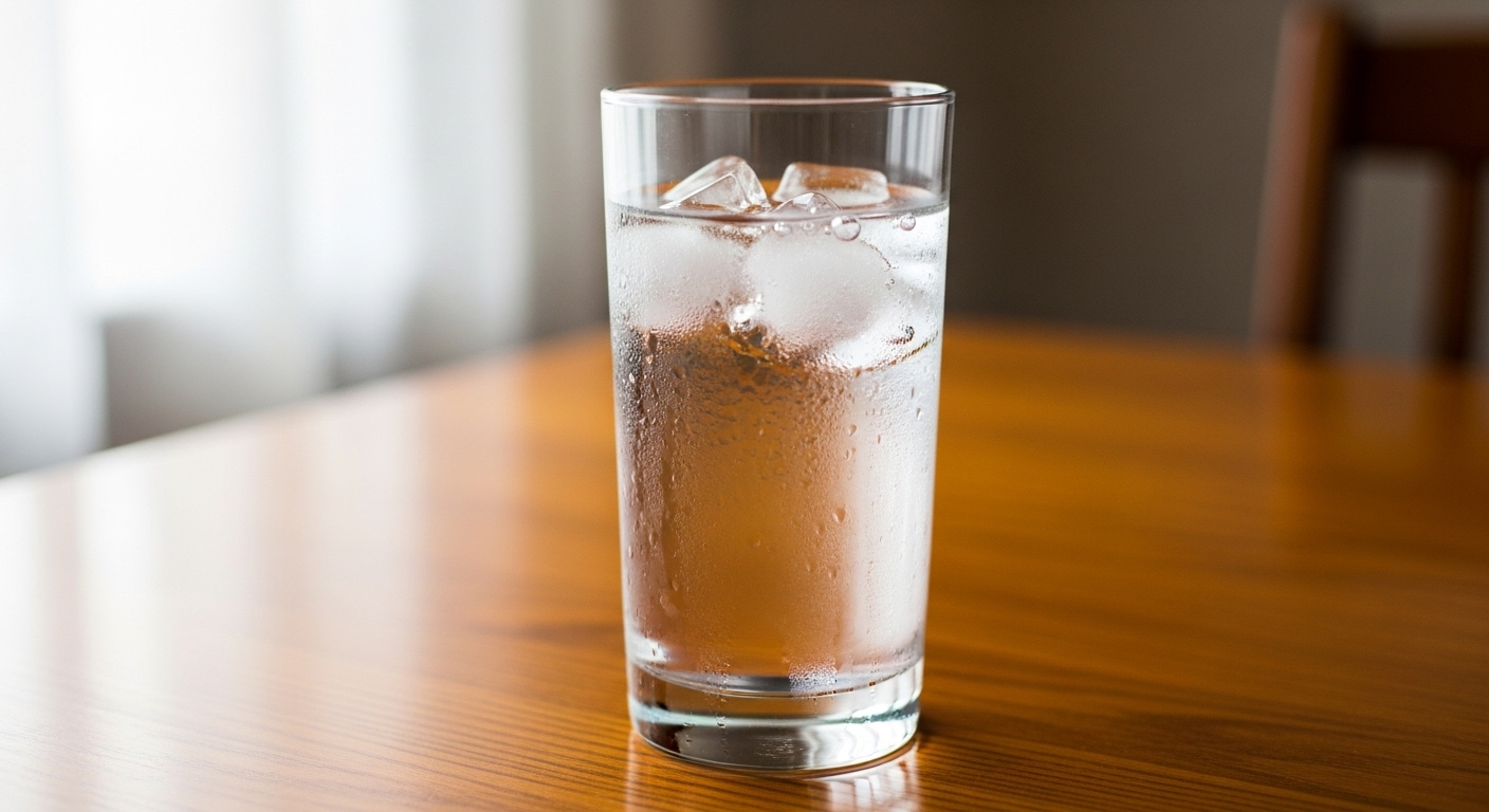 Ly nước tinh khiết mát lạnh, đầy đá và có hơi nước đọng trên mặt kính, gợi nhắc sự sảng khoái và tầm quan trọng của việc bù nước để tránh sai lầm khi uống rượu bia. Ly nước tinh khiết mát lạnh, đầy đá và có hơi nước đọng trên mặt kính, gợi nhắc sự sảng khoái và tầm quan trọng của việc bù nước để tránh sai lầm khi uống rượu bia.