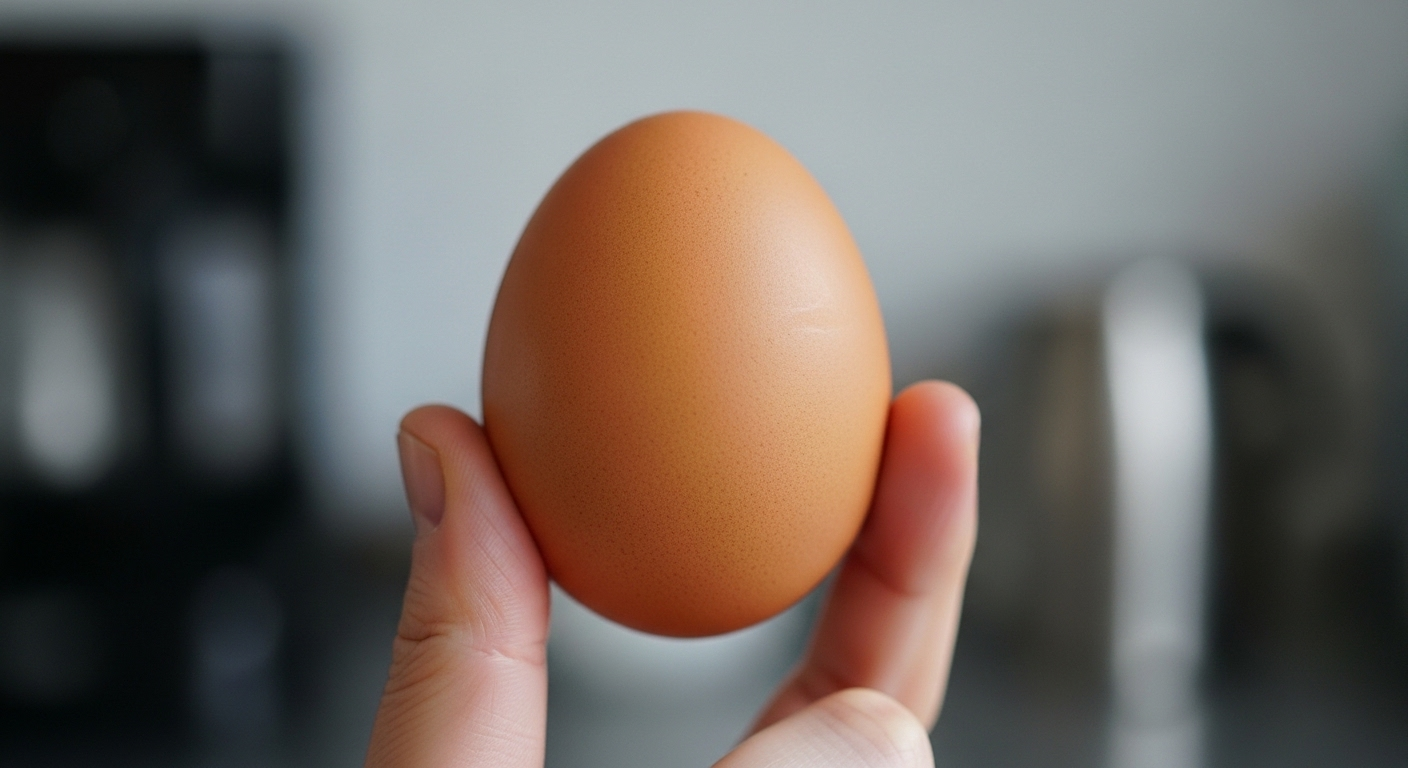 Trứng gà tươi cận cảnh được giữ chắc bằng ba ngón tay, minh họa kỹ thuật cầm chuẩn cho cách đập trứng bằng một tay. Vỏ trứng tự nhiên sắc nét trên nền bếp mờ.