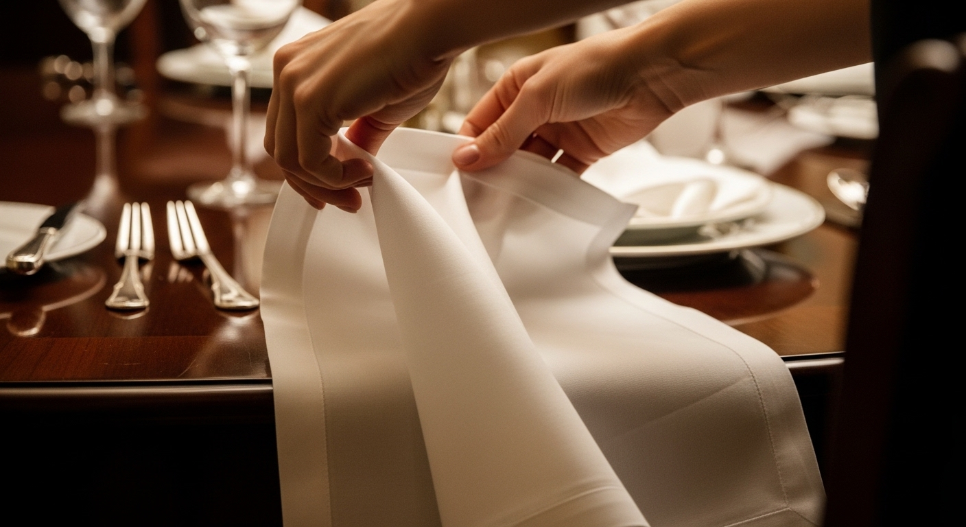 Cận cảnh đôi tay nhẹ nhàng trải khăn ăn vải lanh trắng lên đùi tại bàn tiệc sang trọng, minh họa các quy tắc lịch sự trên bàn ăn.