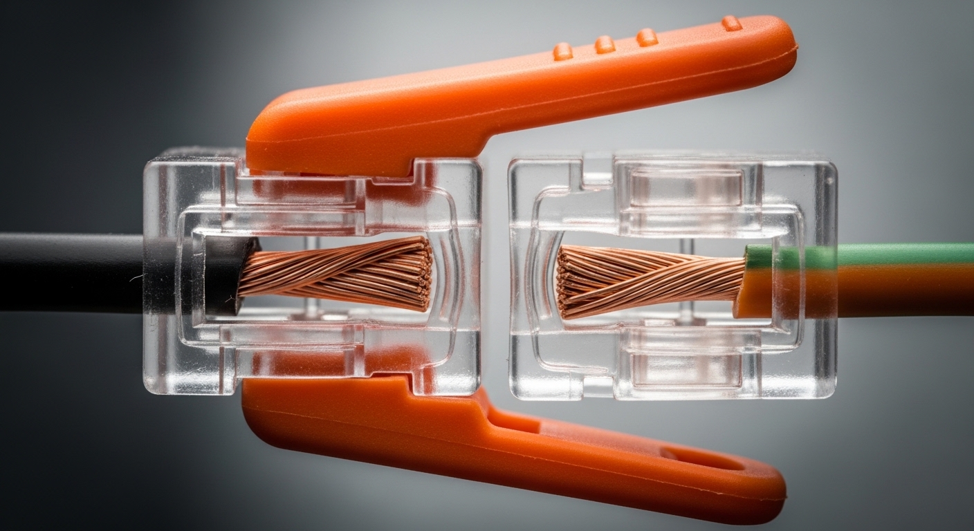 Cận cảnh dây điện được nối chắc chắn bằng đầu nối nhanh đòn bẩy hiện đại với cần gạt màu cam, lộ rõ lõi đồng bên trong vỏ trong suốt. Cận cảnh dây điện được nối chắc chắn bằng đầu nối nhanh đòn bẩy hiện đại với cần gạt màu cam, lộ rõ lõi đồng bên trong vỏ trong suốt.