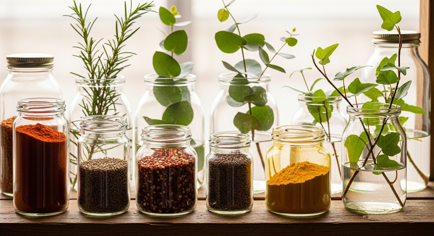 Các lọ thủy tinh trong suốt đựng gia vị và cây xanh, sắp xếp gọn gàng trên kệ gỗ mộc, dưới ánh sáng tự nhiên dịu nhẹ.
