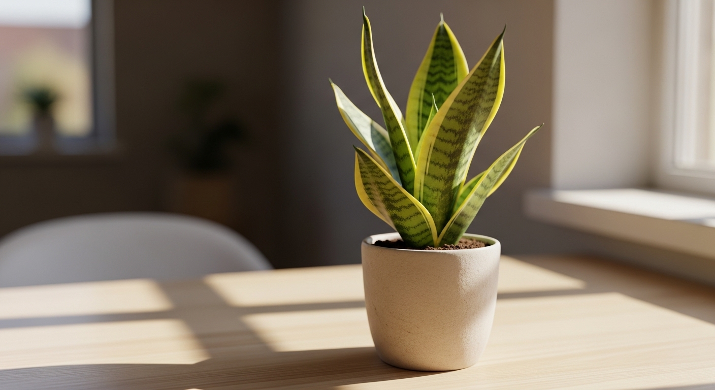Cận cảnh cây lưỡi hổ lá sọc xanh vàng tươi tốt trong chậu gốm trên bàn gỗ cạnh cửa sổ, minh họa mẹo vặt hữu ích cho không gian sống xanh.
