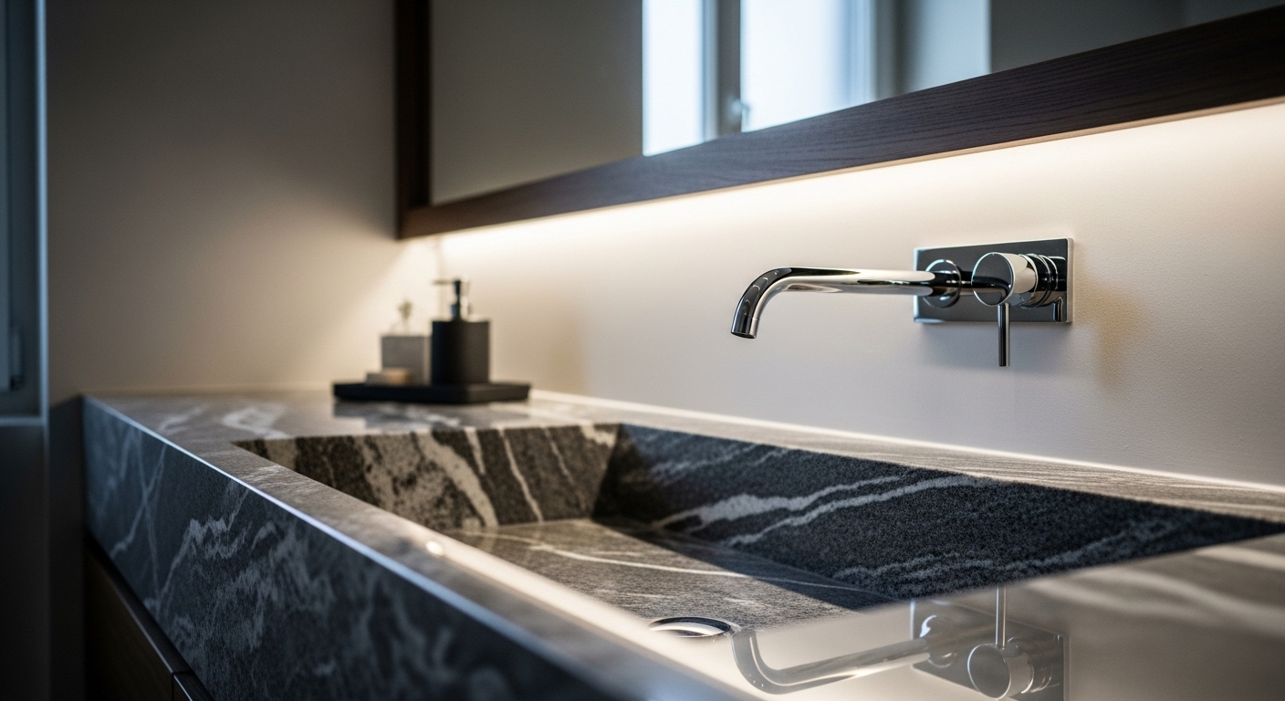 Bồn rửa mặt đá tự nhiên sang trọng và vòi chrome hiện đại sạch bóng, minh chứng cho cách làm sạch bồn rửa mặt và vòi nước hiệu quả.