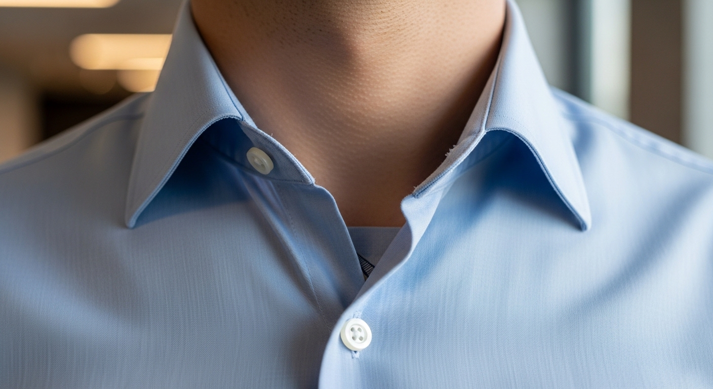 Hình ảnh cận cảnh cổ áo sơ mi xanh nhạt tinh tươm, hai cúc trên mở, thể hiện phong thái chuyên nghiệp theo quy tắc ăn mặc cần biết nơi công sở.