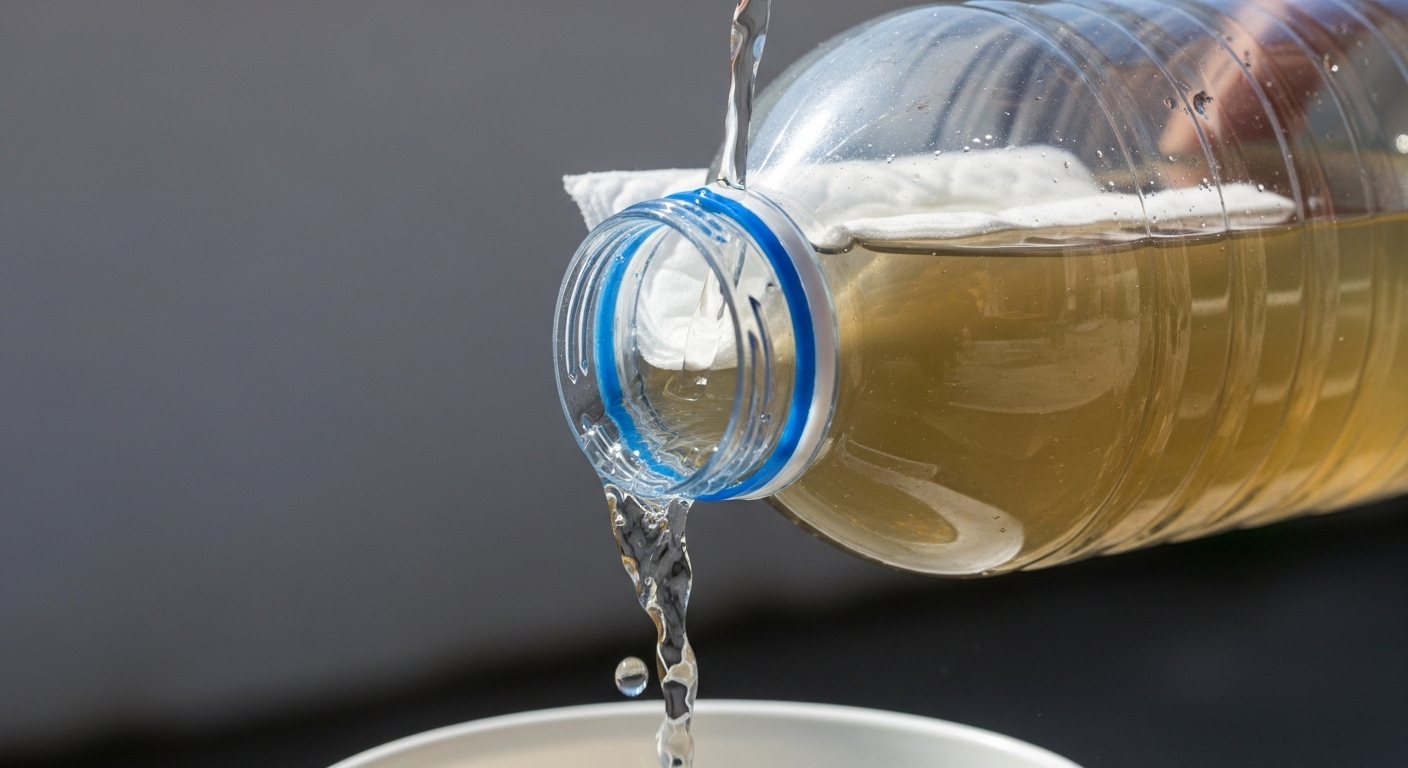 lọc nước khẩn cấp ngoài trời. Nước đục được đổ vào chai nhựa úp ngược có miếng băng vệ sinh trắng sạch ở cổ chai, tạo ra nước trong hơn nhỏ giọt vào vật chứa bên dưới.