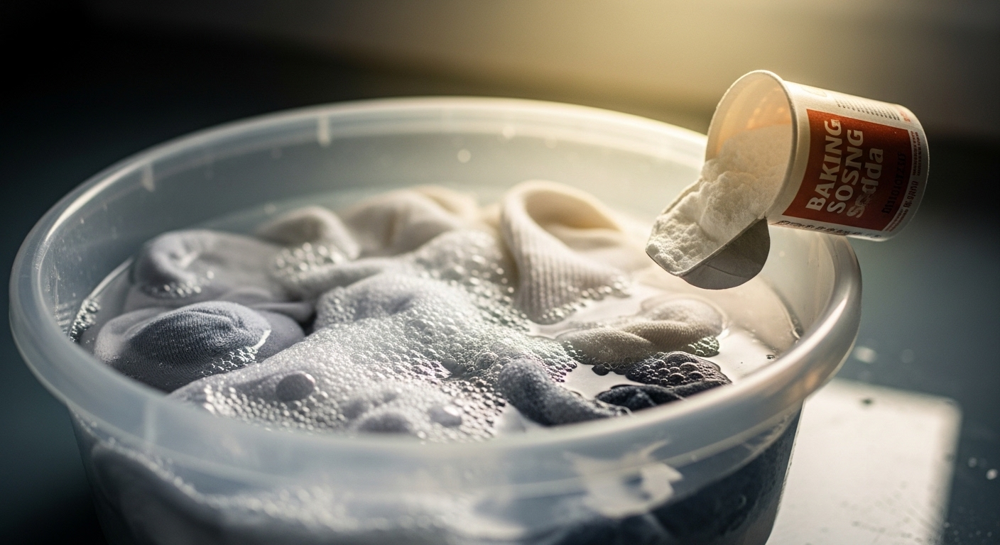 Cận cảnh tất trắng và tất màu nhạt đang ngâm trong chậu nước sủi bọt, với baking soda trên vành, là mẹo hay để giặt tất hết mùi hôi hiệu quả.
