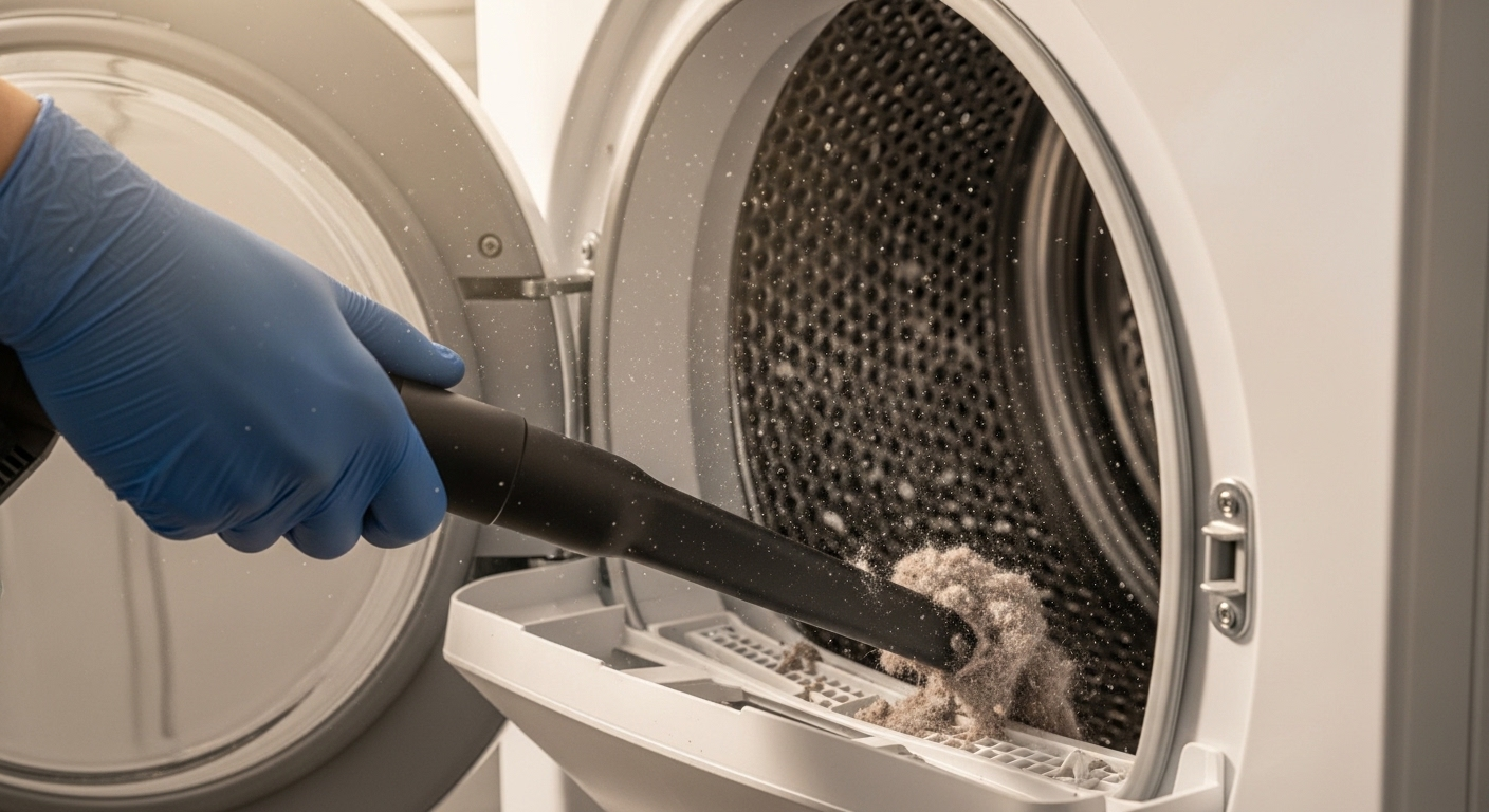 Một tay đeo găng sử dụng đầu hút hẹp của máy hút bụi để loại bỏ lượng lớn xơ vải tích tụ sâu bên trong ngăn chứa máy sấy quần áo. Đây là một cách vệ sinh máy sấy quần áo hiệu quả để duy trì an toàn và hiệu suất.