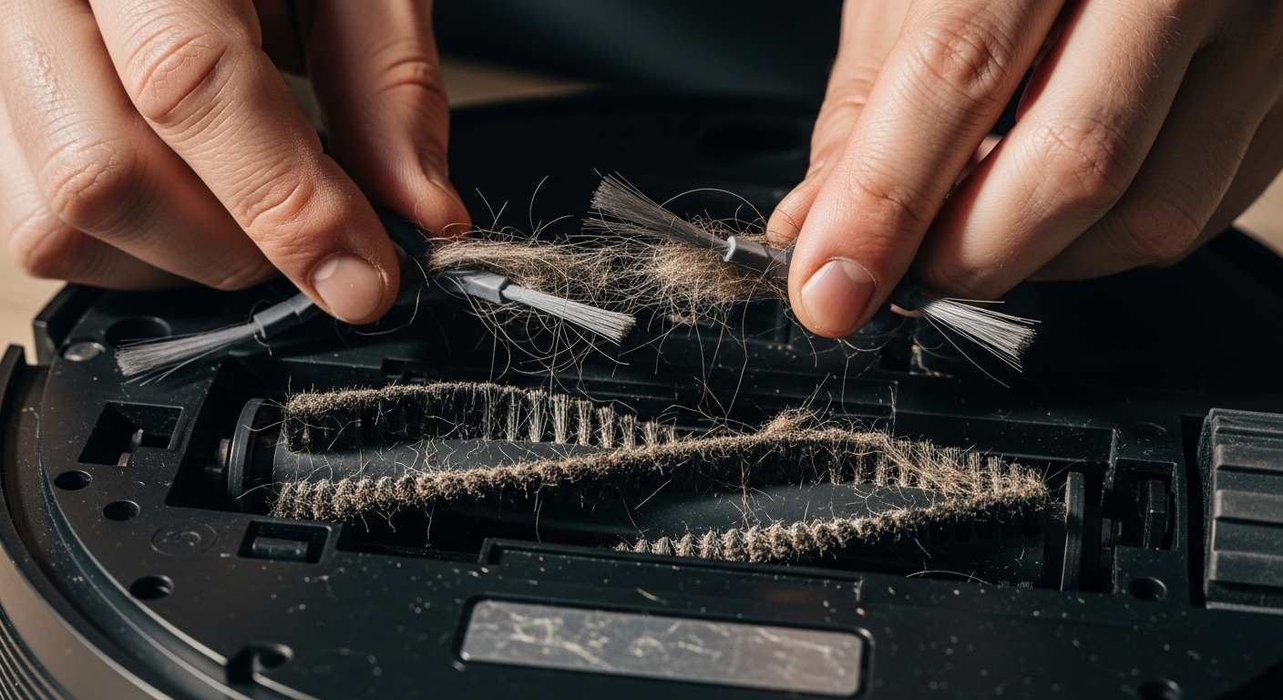 Một đôi tay đang cẩn thận gỡ tóc rối khỏi chổi chính ở mặt dưới robot. Một đôi tay đang cẩn thận gỡ tóc rối khỏi chổi chính ở mặt dưới robot.