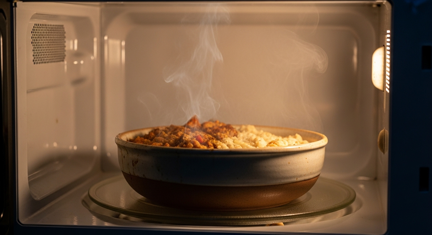 Bát thức ăn trong lò vi sóng mở, một phần nóng bốc hơi và một phần còn lạnh. Tình trạng hâm nóng không đều thế này là dấu hiệu cần cân nhắc khi nào nên thay lò vi sóng.