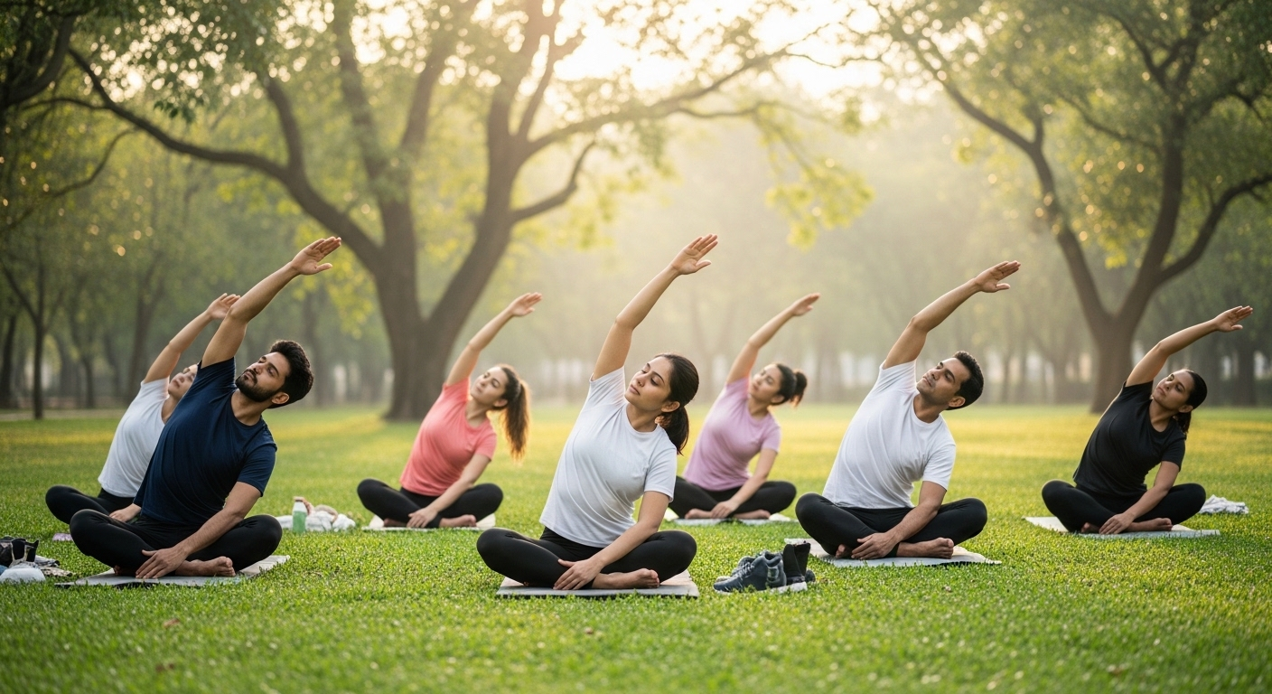 Một nhóm người đa dạng tập yoga kéo giãn nhẹ nhàng ngoài trời trong công viên xanh mát, hướng tới sức khỏe và sự bình yên dưới ánh nắng ban mai.