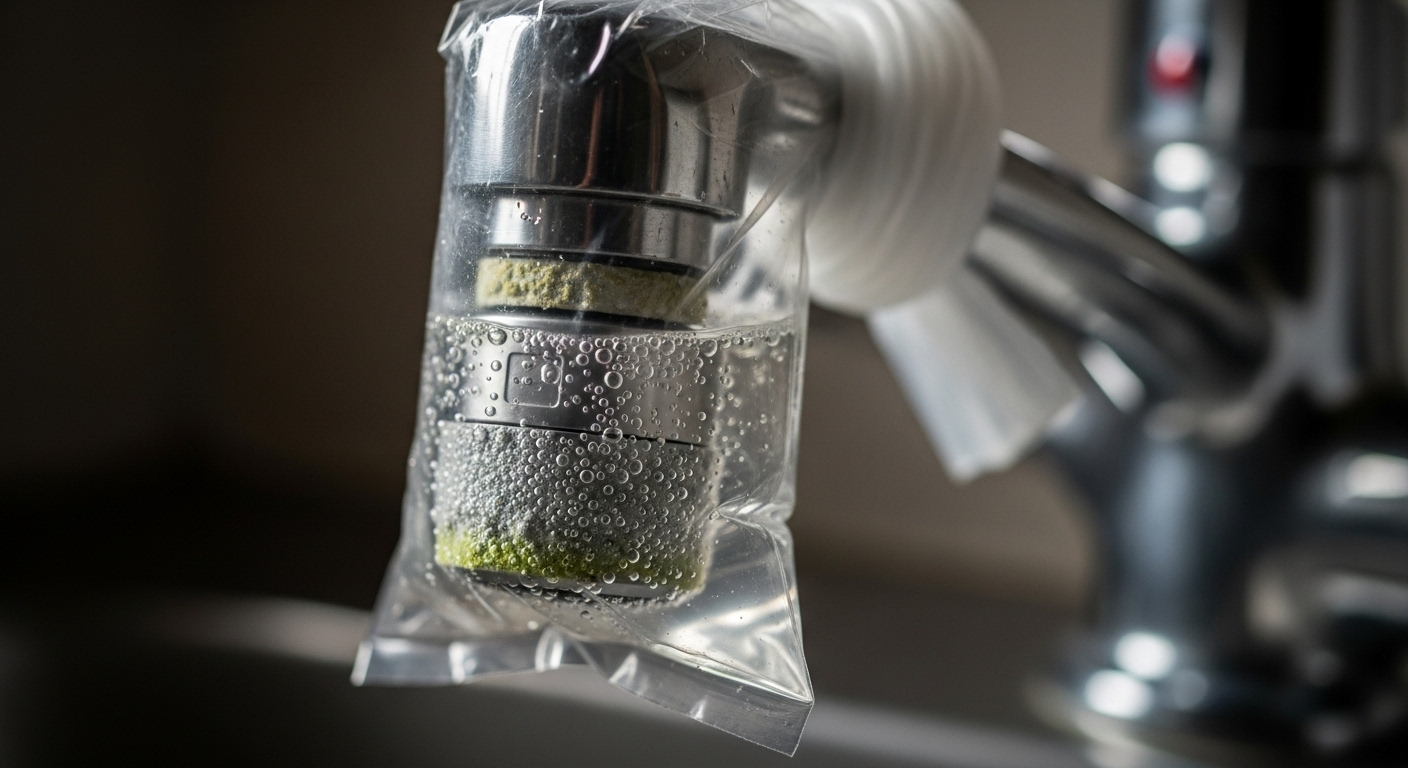 Vòi nước inox bám cặn canxi đang được ngâm trong túi giấm trắng, minh họa cách tẩy cặn canxi trên vòi nước hiệu quả tại nhà.