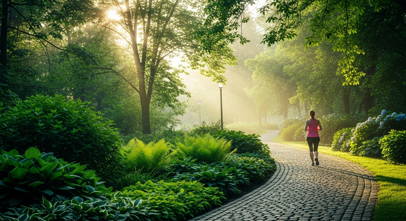 Một người đang đi bộ nhanh trên con đường uốn lượn trong công viên xanh tươi vào sáng sớm, minh họa thói quen tốt cho sức khỏe.