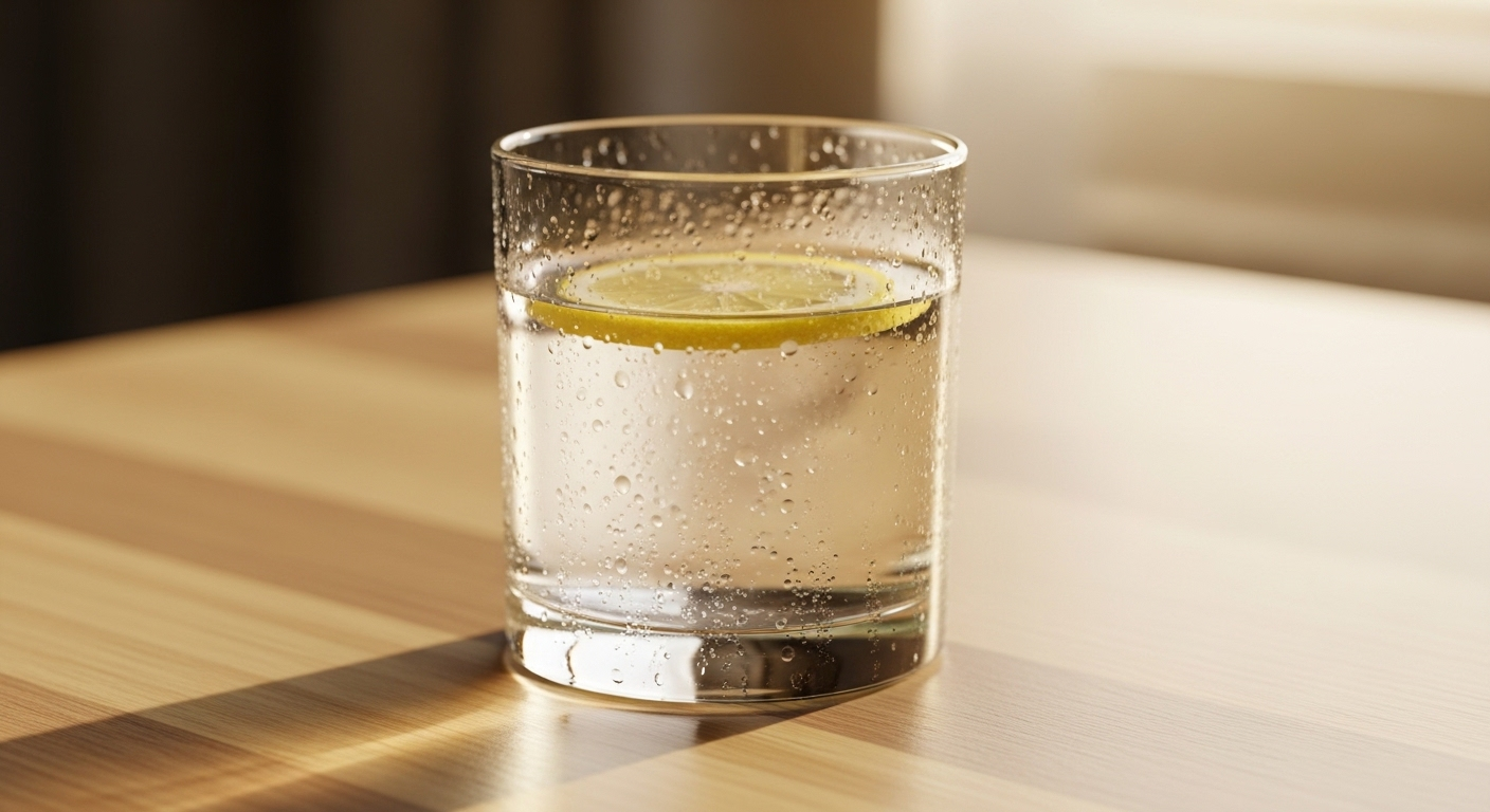 Ly nước lọc trong veo mát lạnh với lát chanh tươi, hơi nước đọng, đặt trên bàn gỗ. Hình ảnh gợi nhắc lợi ích của việc uống nước giúp cải thiện sức khỏe và thanh lọc cơ thể.