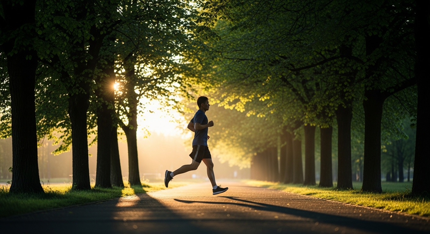 Người chạy bộ năng động trên lối đi công viên xanh mướt lúc bình minh, tượng trưng cho hoạt động thể chất trong chăm sóc sức khỏe toàn diện. Người chạy bộ năng động trên lối đi công viên xanh mướt lúc bình minh, tượng trưng cho hoạt động thể chất trong chăm sóc sức khỏe toàn diện.