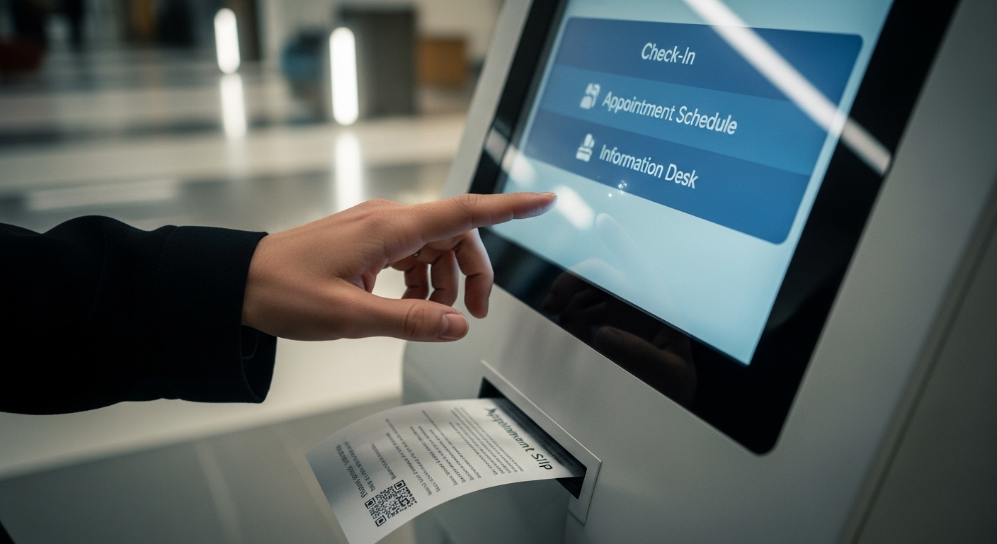 Bàn tay chạm màn hình kiosk tự động đăng ký khám tại sảnh bệnh viện hiện đại, giúp khám nhanh tại Bệnh viện Bạch Mai và nhận phiếu hẹn tiện lợi.